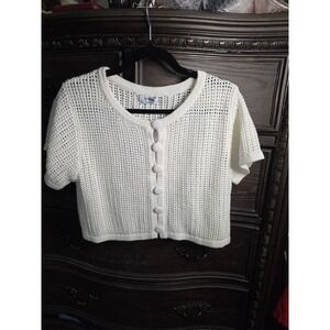 The Workshop Cream White Open Knit Cropped Short Sleeve Cardigan Sweater Sm NWT